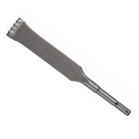  A long, solid metal bar. At one end, it widens into a flat blade that has several short, tooth-like projections along its edge. This blade feels rough and textured. The rest of the bar is narrower and has a distinct, multi-sided shape, designed to fit into a power tool. This tool is used to remove grout or other material from between tiles or bricks.
