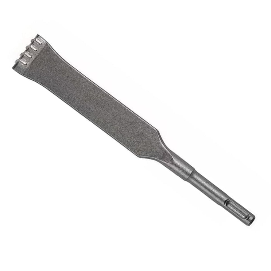  A long, solid metal bar. At one end, it widens into a flat blade that has several short, tooth-like projections along its edge. This blade feels rough and textured. The rest of the bar is narrower and has a distinct, multi-sided shape, designed to fit into a power tool. This tool is used to remove grout or other material from between tiles or bricks.