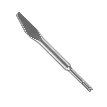 This image features a single, light gray pointed chisel bit, angled diagonally from the upper left to the lower right. The top left features a sharp, pointed tip, while the tool tapers to a narrower shank with grooves at the lower right for tool attachment.