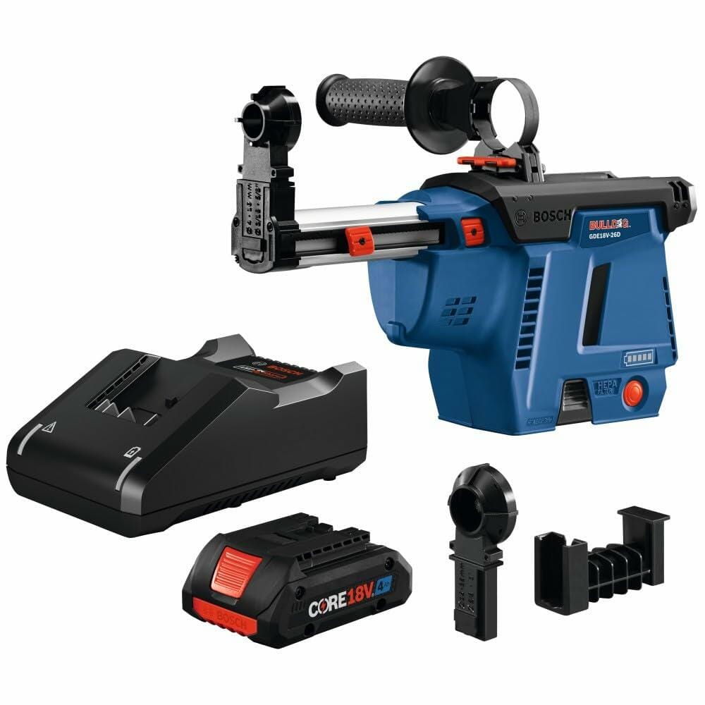 Bosch GDE18V-16D dust extraction system kit with main unit, CORE18V battery, charger, and mounting accessories for rotary hammers.