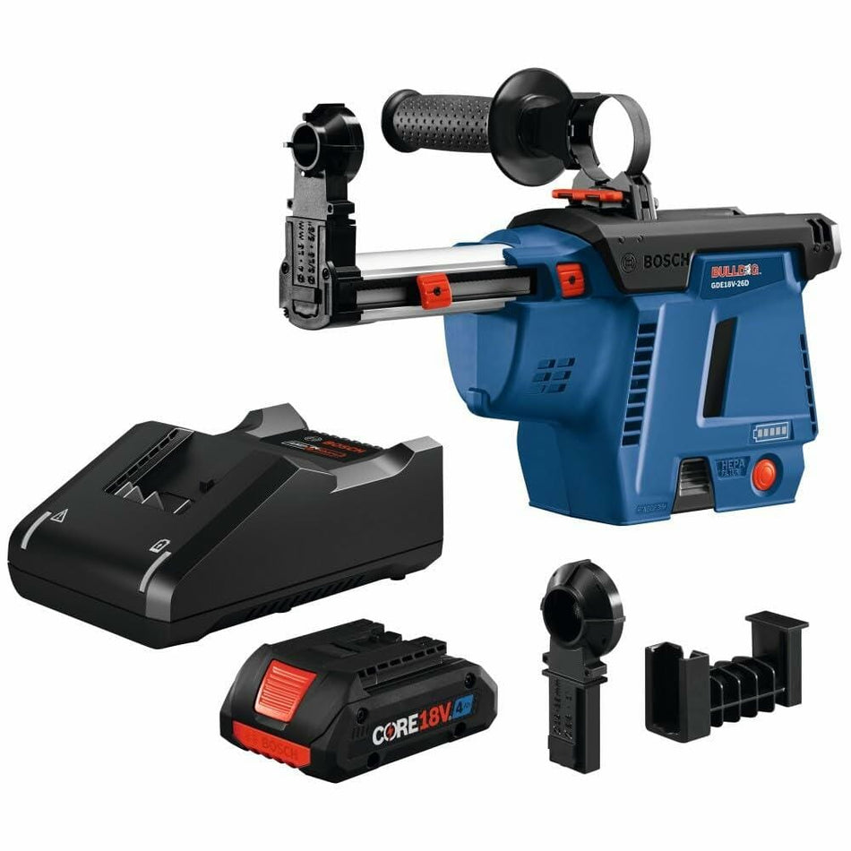 Bosch GDE18V-16D dust extraction system kit with main unit, CORE18V battery, charger, and mounting accessories for rotary hammers.