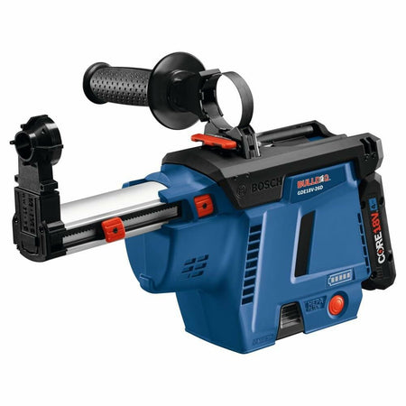 Bosch GDE18V-26DB dust extractor with HEPA filter and telescoping arm; labeled Bulldog and CORE18V for rotary hammer compatibility.