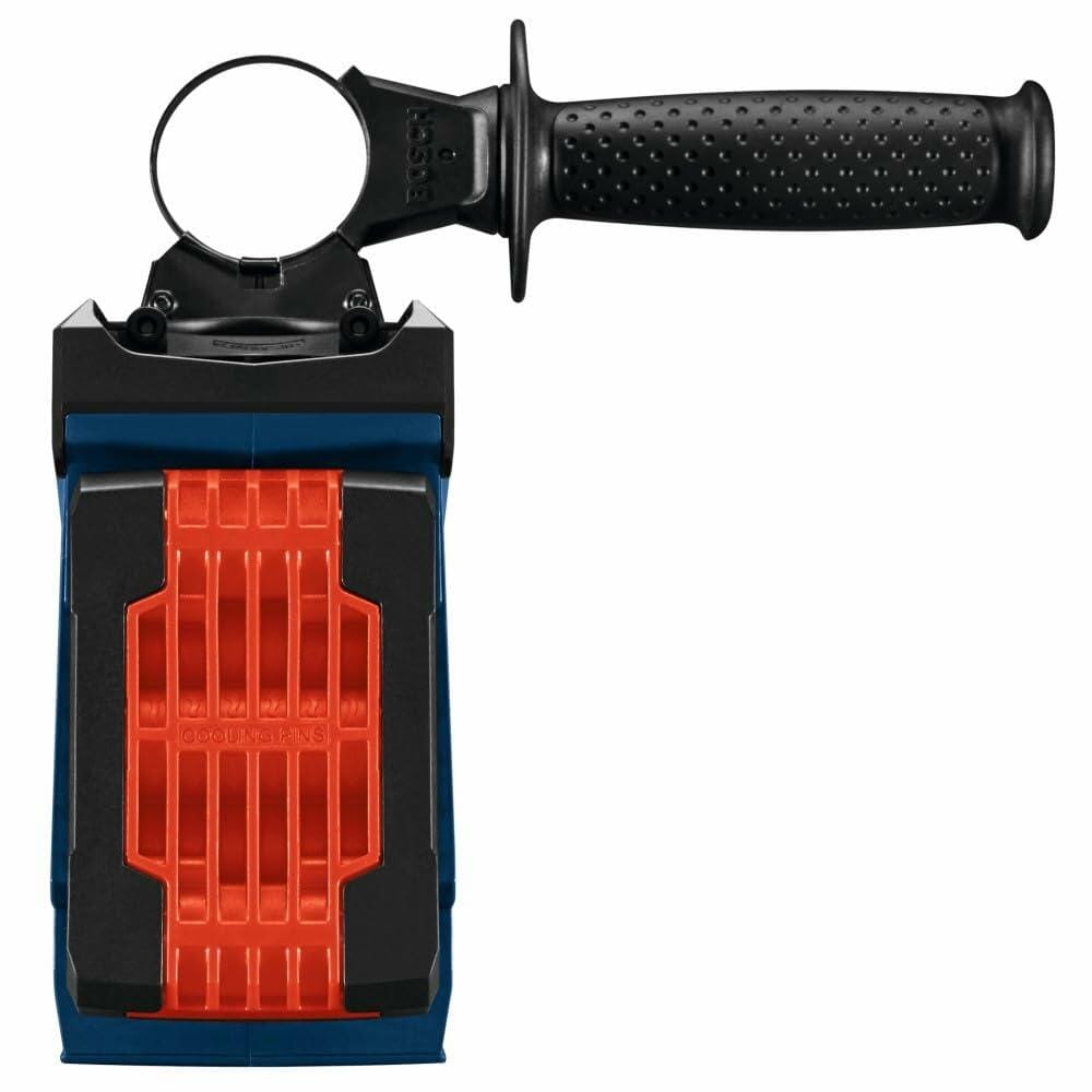 Bosch dust extraction attachment with textured grip handle, circular clamp, and vented red housing for drill-mounted dust control.