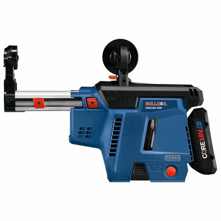 Bosch GDE18V-26D cordless dust extractor with HEPA filter and telescoping nozzle; powered by visible CORE18V battery.