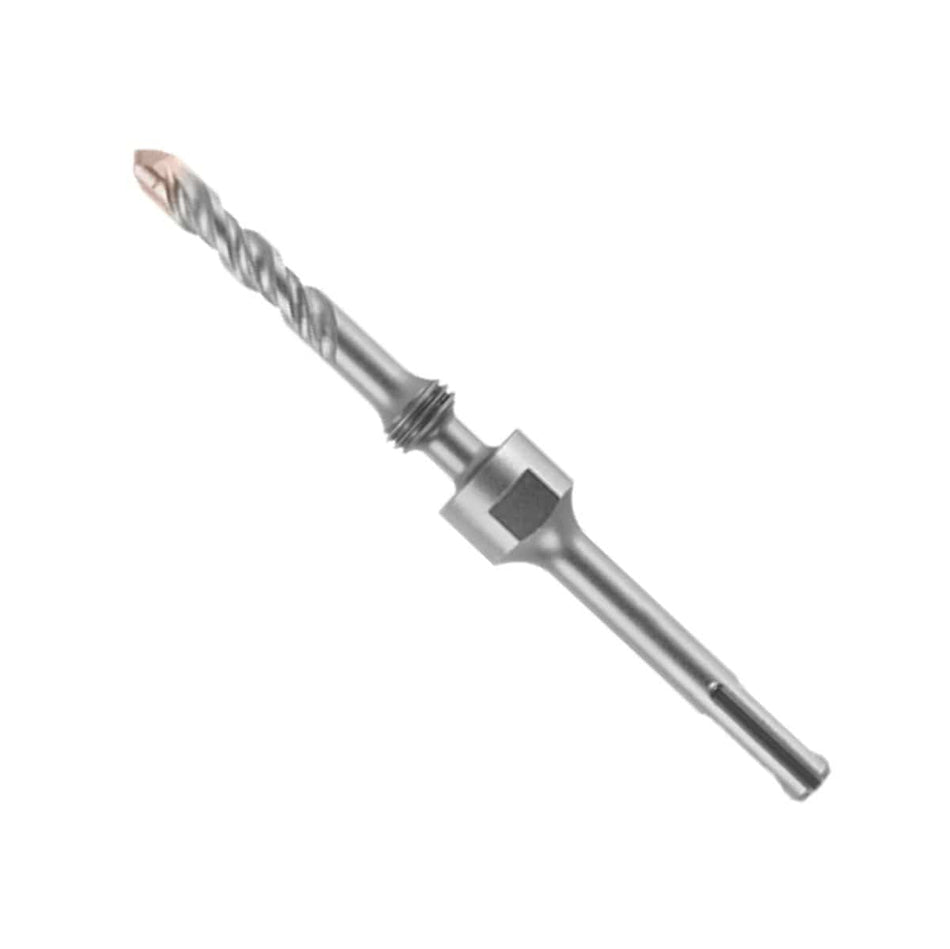 image of 7" extension bit. This image shows a metallic gray drill bit with a two-part design. The top section is a narrower, spiraled drill bit with a copper-colored tip, while the bottom section is a thicker, smooth cylindrical shank with an elongated slot and a flat side.