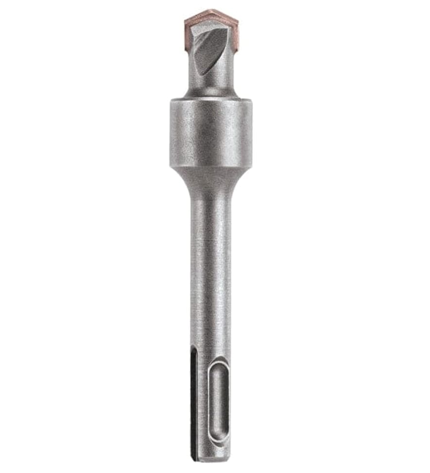 This image shows a short, robust drill bit, primarily silver-gray, with a distinctive, chunky design. The top features a broad, copper-colored chisel tip, while the main body is smooth and cylindrical, ending in a specialized shank with two prominent elongated slots and a smaller rectangular cut-out.