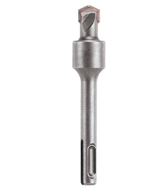 This image shows a short, robust drill bit, primarily silver-gray, with a distinctive, chunky design. The top features a broad, copper-colored chisel tip, while the main body is smooth and cylindrical, ending in a specialized shank with two prominent elongated slots and a smaller rectangular cut-out.