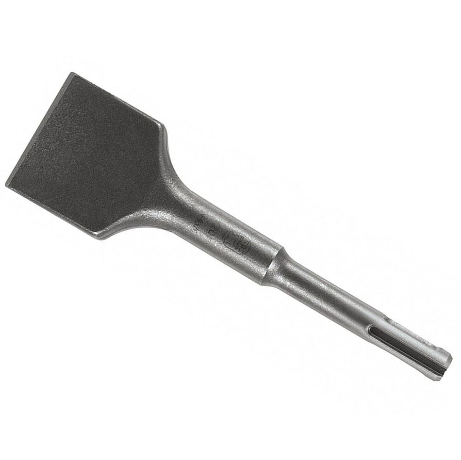 image of stubby scaling chisel. This image features a single, dark gray chipping chisel, standing vertically with a flat, rectangular blade at the bottom. The top of the tool tapers into a slender shank with grooved sides, designed for insertion into a power tool.