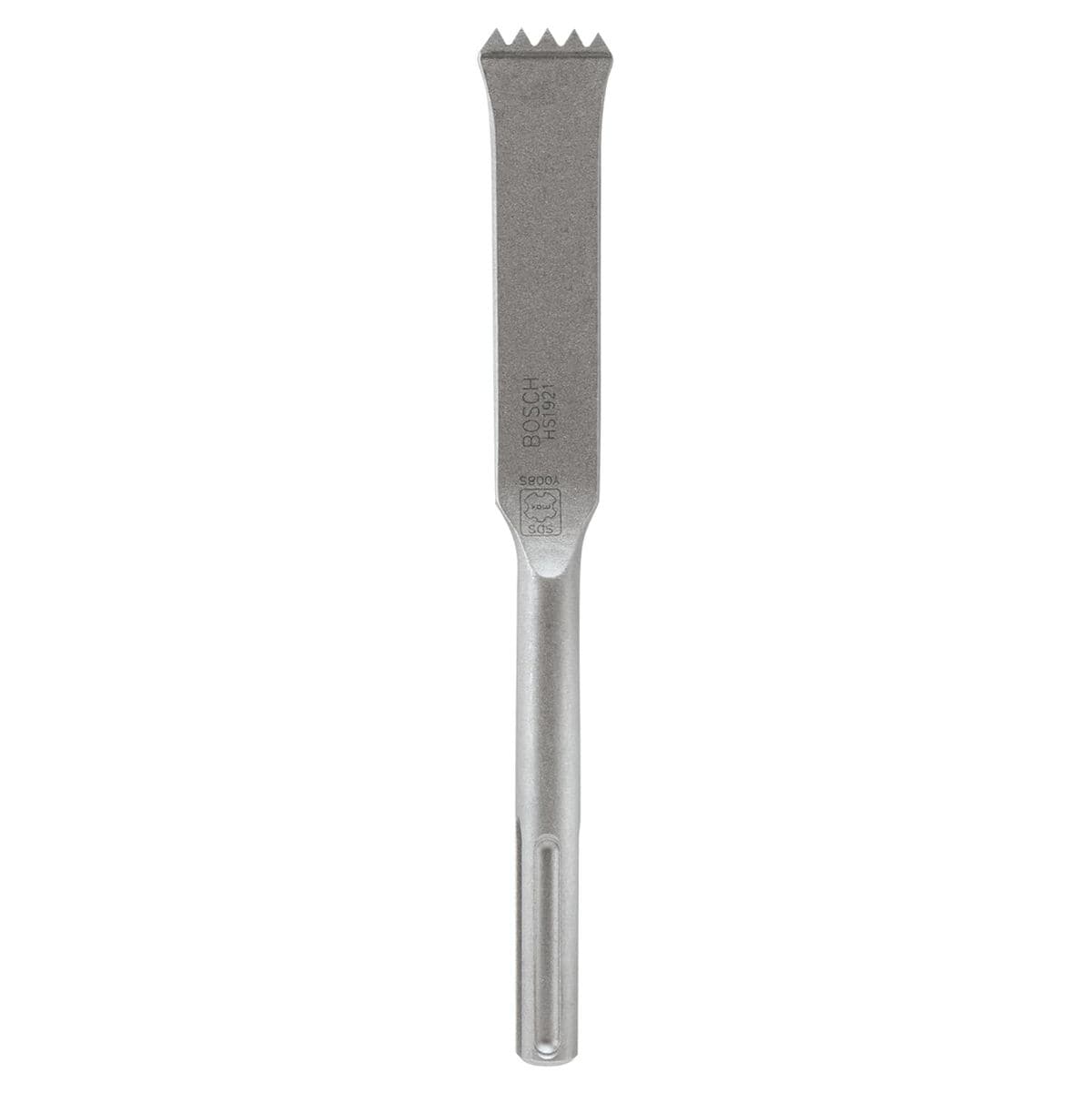 This image features a single, light gray bush hammer chisel bit, standing vertically with a wide, flat, and serrated working end at the top. The body tapers down to a narrower shank with grooves at the bottom for tool attachment, and some text is faintly visible on its surface.