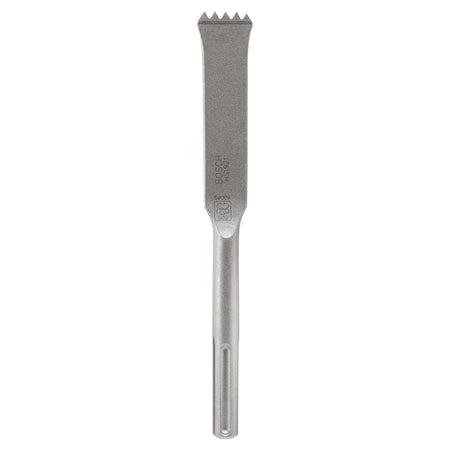 This image features a single, light gray bush hammer chisel bit, standing vertically with a wide, flat, and serrated working end at the top. The body tapers down to a narrower shank with grooves at the bottom for tool attachment, and some text is faintly visible on its surface.