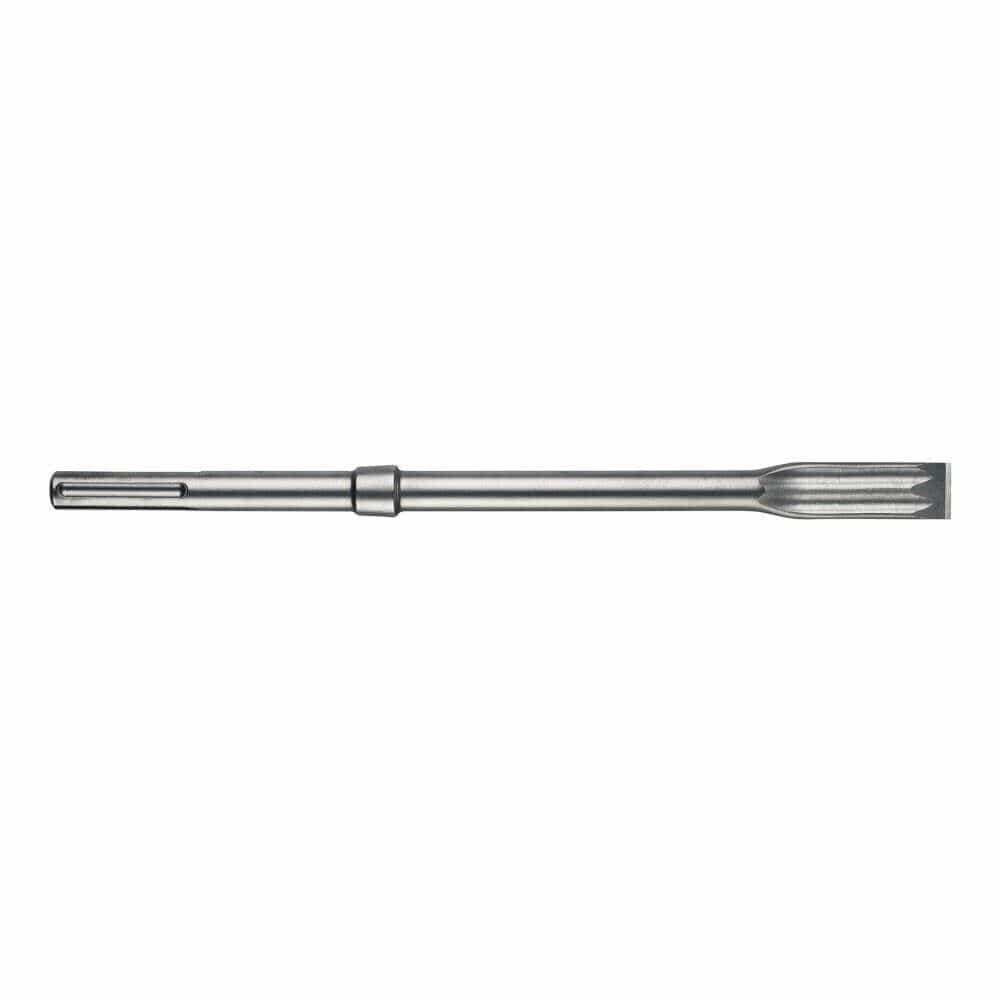 A straight, horizontal studio product shot of the Bosch SDS-max R-Tec flat chisel bit against a crisp white background, highlighting its long solid metal body shaft, integrated reflection collar ring, slotted mounting shank, and precision-ground flat cutting face with longitudinal grooves.