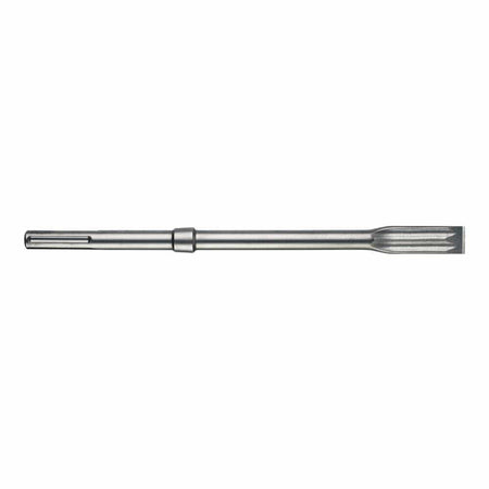 A straight, horizontal studio product shot of the Bosch SDS-max R-Tec flat chisel bit against a crisp white background, highlighting its long solid metal body shaft, integrated reflection collar ring, slotted mounting shank, and precision-ground flat cutting face with longitudinal grooves.