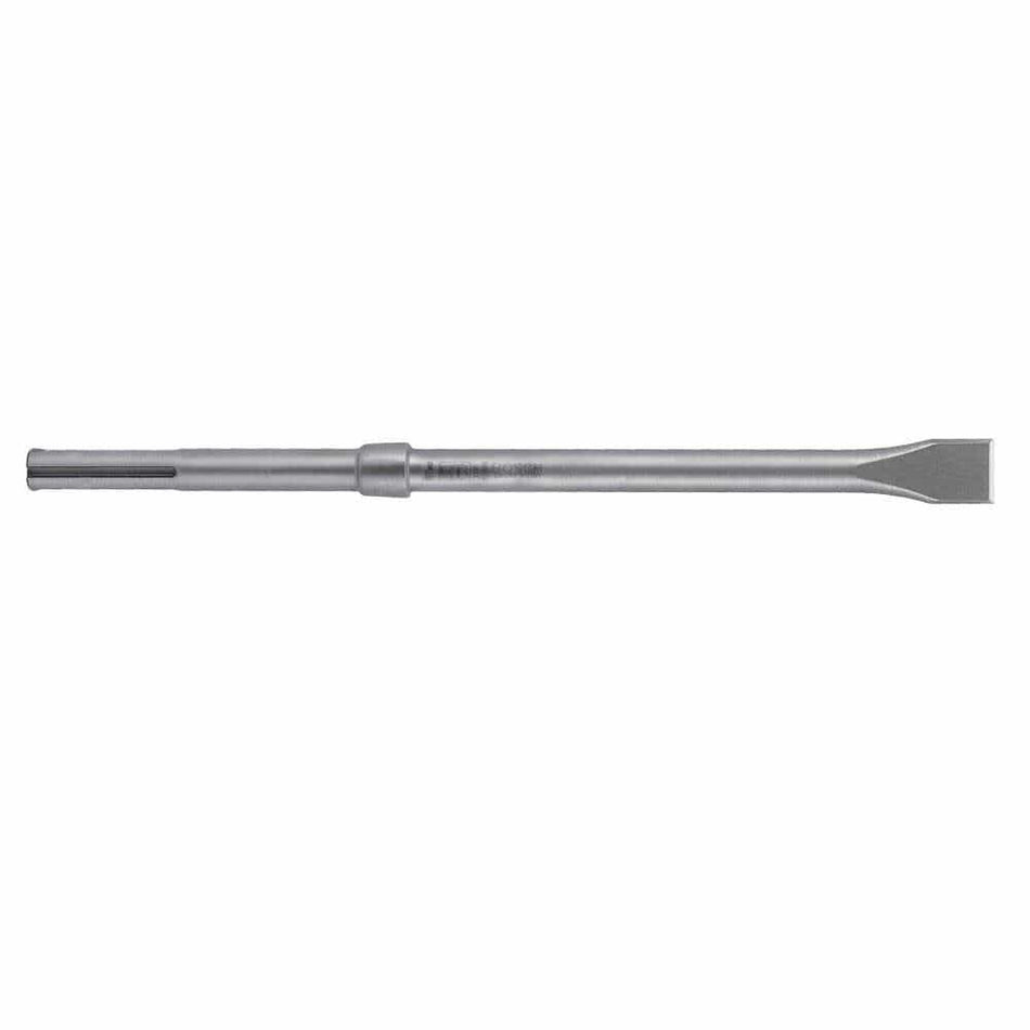 A profile studio view layout displaying the smooth side configuration of the single Bosch SDS-max demolition bit resting horizontally against a solid white background, showcasing its monolithic forged steel construction from the slotted shank connection base to its straight flat chisel head.