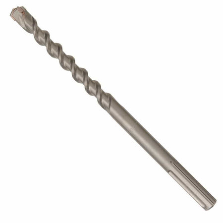 Bosch SDS Max SpeedX rotary hammer drill bit featuring a heavy duty slotted drive shank, deep spiral flute geometry for faster dust removal, and a solid carbide cutting head with an active centering tip for concrete rebar penetration isolated diagonally on a white background.