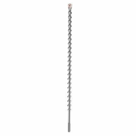Bosch SDS Max SpeedX rotary hammer drill bit showing an elongated full vertical layout of its heavy duty silver steel alloy body featuring a slotted SDS-Max drive shank connection base, a long uniform spiral flute shaft engineered for faster dust removal, and an industrial multi cutter carbide tipped head designed for deep penetration through reinforced concrete, masonry brick, and natural stone substrates isolated on a white background.
