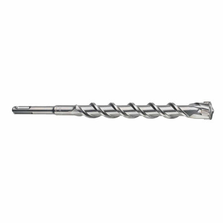 Bosch SDS Max SpeedX rotary hammer drill bit showcasing a side profile layout with its slotted drive shank, deep dual-flute geometry for faster dust removal, and a multi-cutter solid carbide head built for heavy duty reinforced concrete and masonry stone penetration isolated horizontally on a white background.