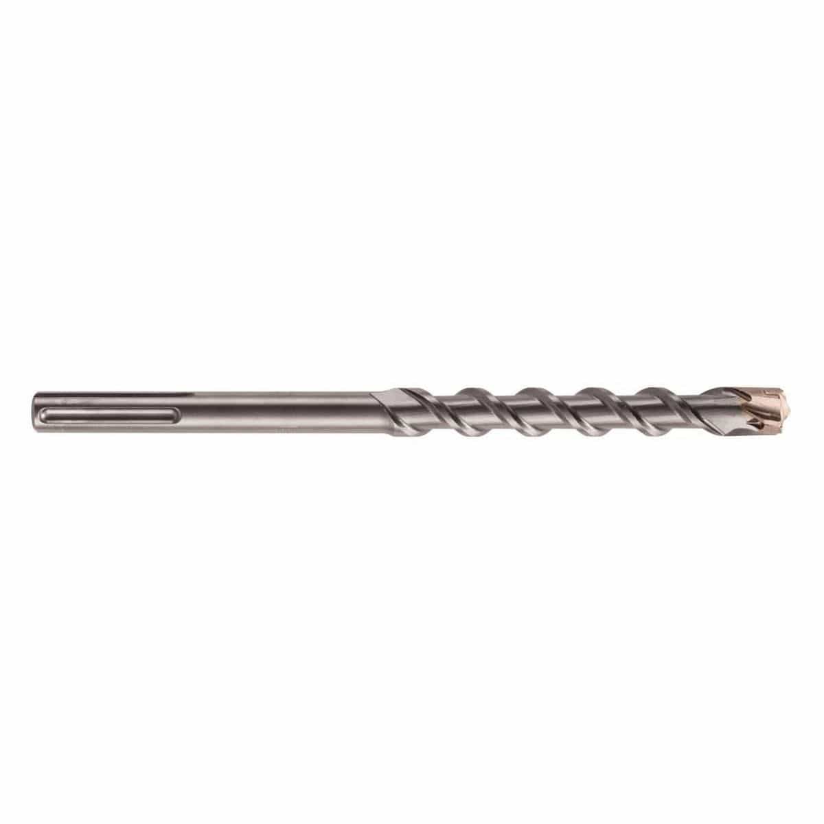 Bosch SDS Max SpeedX rotary hammer drill bit showing a full horizontal profile view of its heavy duty silver steel alloy body featuring a slotted SDS-Max drive shank connection base, a long deep spiral flute shaft designed for faster dust removal, and a multi cutter carbide tipped head engineered for high speed penetration through reinforced concrete, masonry brick, and hard stone substrates isolated on a white background.