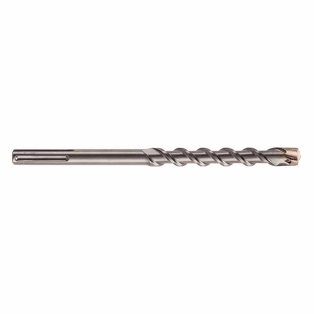 Bosch SDS Max SpeedX rotary hammer drill bit showing a full horizontal profile view of its heavy duty silver steel alloy body featuring a slotted SDS-Max drive shank connection base, a long deep spiral flute shaft designed for faster dust removal, and a multi cutter carbide tipped head engineered for high speed penetration through reinforced concrete, masonry brick, and hard stone substrates isolated on a white background.