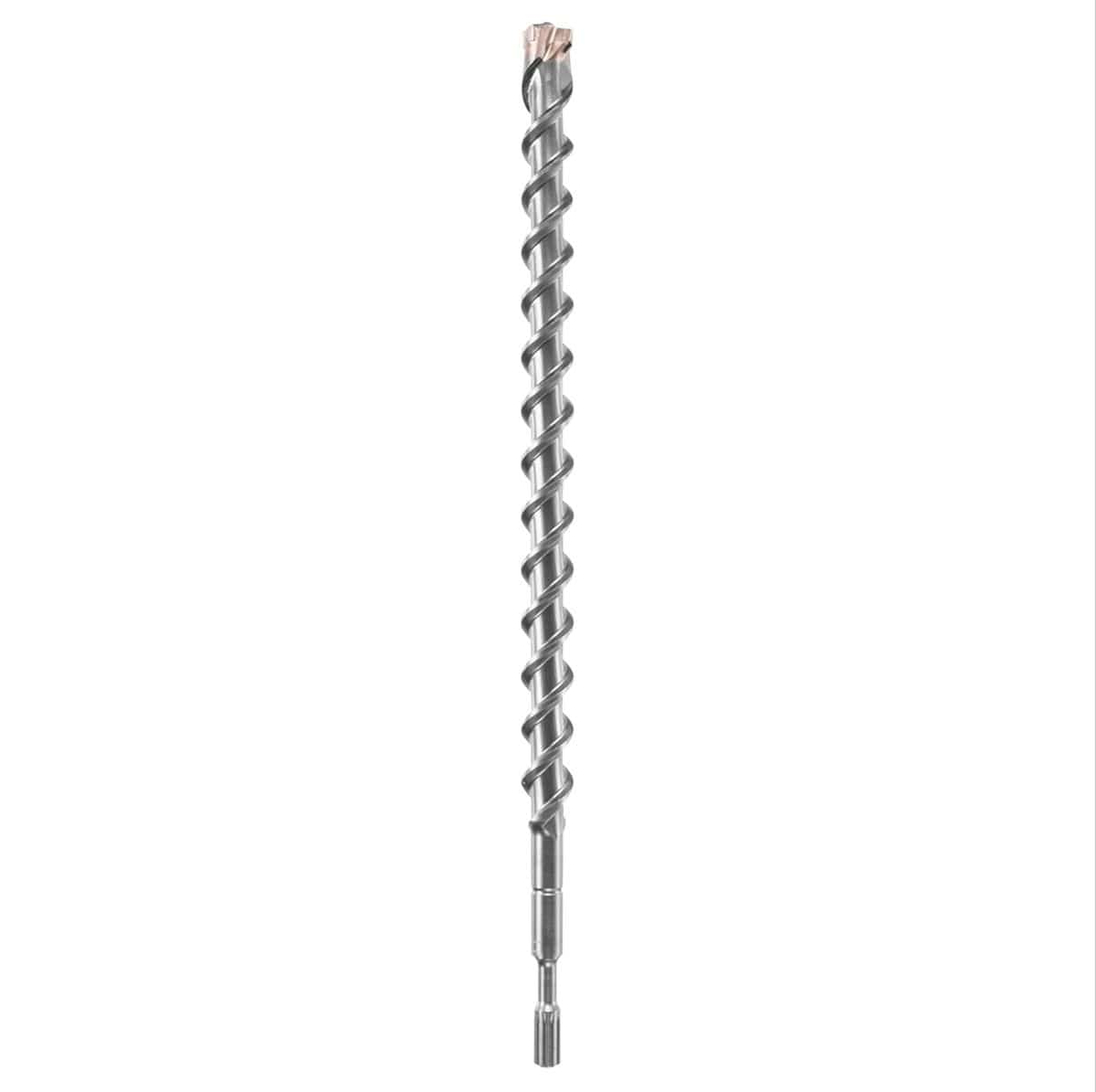 Bosch SDS Max SpeedX rotary hammer drill bit showing a full vertical layout of its heavy duty silver steel alloy body featuring an industrial slotted drive shank connection base, an elongated spiral flute shaft designed for faster dust removal, and a multi cutter carbide tipped head engineered for high performance penetration through reinforced concrete, masonry brick, and natural stone substrates isolated on a white background.