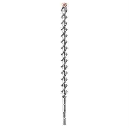 Bosch SDS Max SpeedX rotary hammer drill bit showing a full vertical layout of its heavy duty silver steel alloy body featuring an industrial slotted drive shank connection base, an elongated spiral flute shaft designed for faster dust removal, and a multi cutter carbide tipped head engineered for high performance penetration through reinforced concrete, masonry brick, and natural stone substrates isolated on a white background.