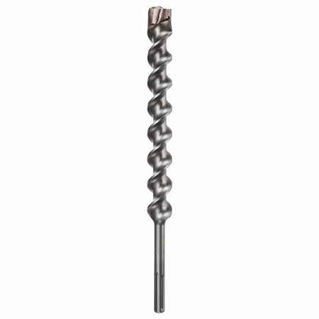 Bosch SDS Max SpeedX rotary hammer drill bit showing a full vertical view of its heavy duty dark silver steel alloy body featuring a slotted SDS-Max drive shank connection base, a thick core spiral flute shaft engineered for high-volume rapid dust removal, and a robust multi cutter carbide tipped head optimized for structural penetration and anchor hole boring through reinforced concrete, masonry brick, and hard aggregate stone substrates isolated on a white background.