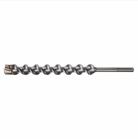 Bosch SDS Max SpeedX rotary hammer drill bit showing a full horizontal profile view of its heavy duty dark silver steel alloy body featuring a slotted SDS-Max drive shank connection base, a thick deep spiral flute shaft designed for faster dust removal, and an industrial multi cutter carbide tipped head engineered for high performance penetration through reinforced concrete, masonry brick, and natural stone substrates isolated on a white background.
