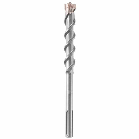 A heavy-duty Bosch SDS Max SpeedX rotary hammer drill bit oriented vertically against a solid white background, showcasing its standard quick-change slotted SDS-Max drive shank, a solid steel transition core with laser-etched brand details, a deeply machined spiral four-flute shaft engineered for faster dust removal, and a robust four-cutter solid carbide head built for aggregate core boring, concrete masonry anchoring, and structural rebar penetration.
