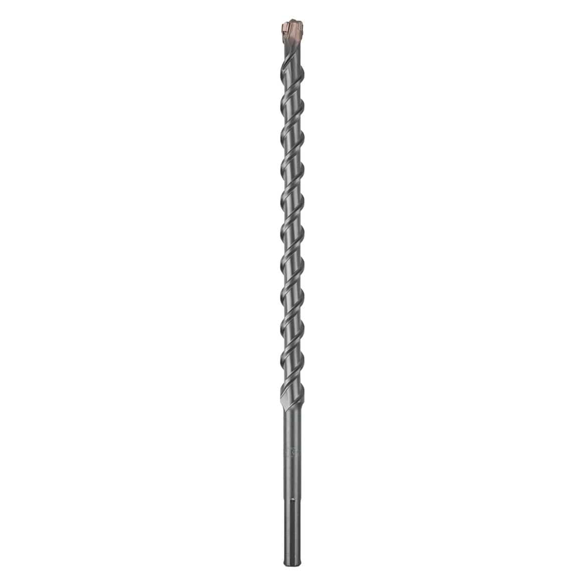 This is a long, slender, silver-colored drill bit, angled diagonally from the top left to the bottom right. Its entire length is covered in a tight, continuous spiral pattern, indicating a design for efficient material removal during drilling.