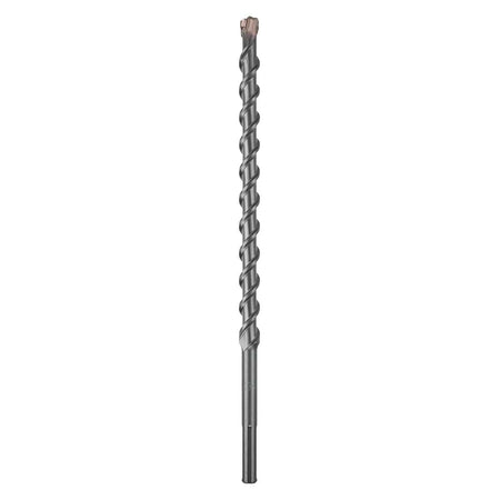 This is a long, slender, silver-colored drill bit, angled diagonally from the top left to the bottom right. Its entire length is covered in a tight, continuous spiral pattern, indicating a design for efficient material removal during drilling.
