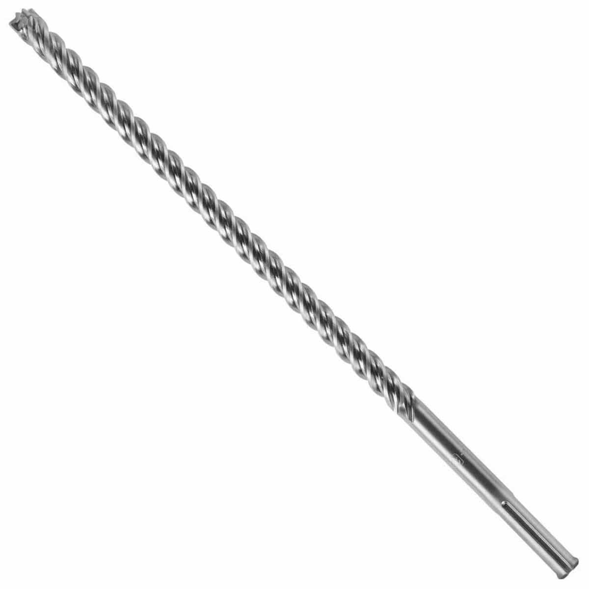 A high-performance Bosch SDS Max SpeedXtreme rotary hammer drill bit positioned diagonally against a solid white background, showcasing its universal industrial slotted SDS-Max connection shank, a solid steel transition core, an advanced wave design four-flute deep spiral winding shaft engineered for fast dust removal, and a robust carbide-tipped cutting tip optimized for heavy-duty penetration through reinforced concrete, hard aggregate, masonry, and stone deep hole precision boring.
