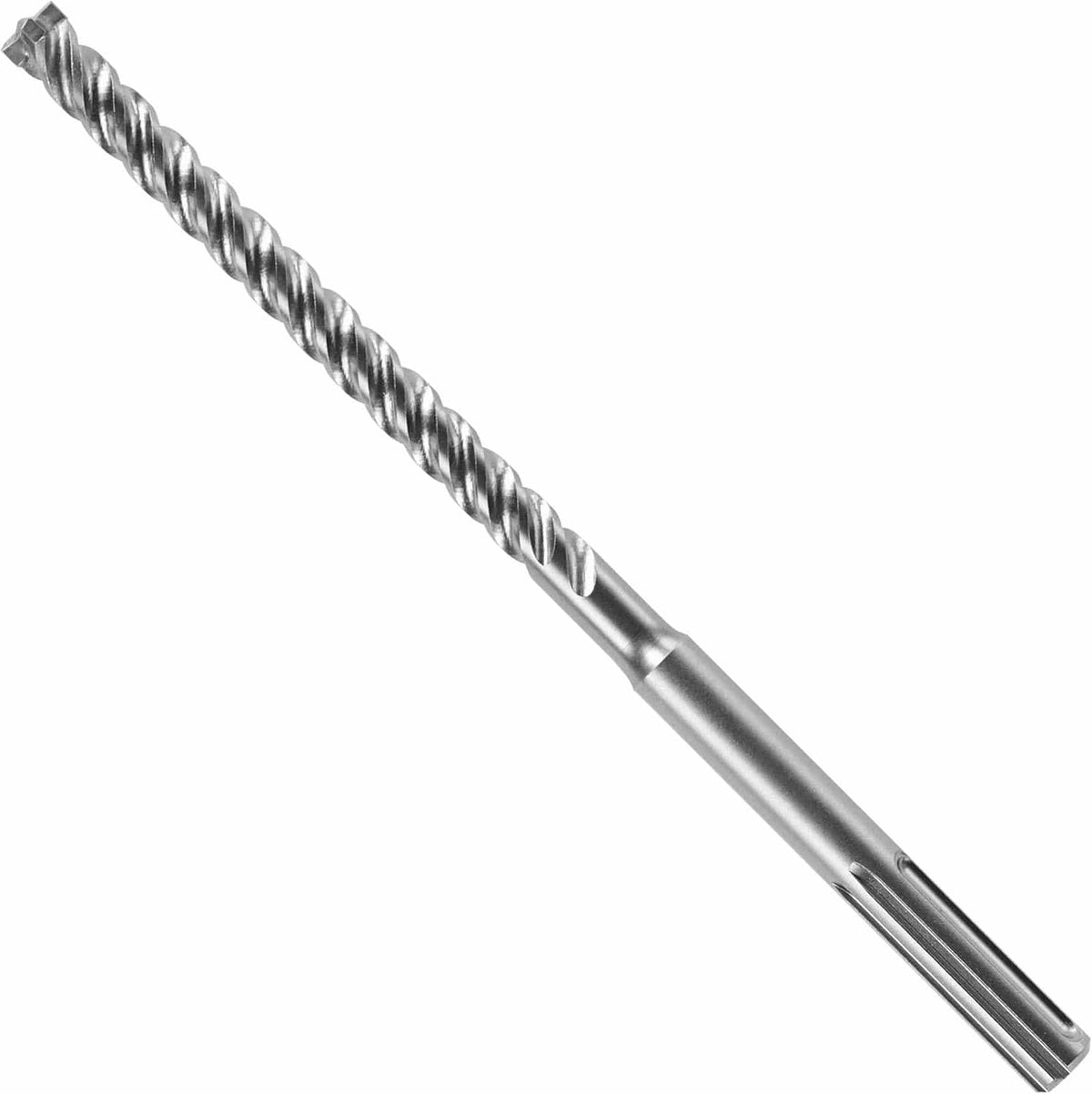 Bosch SDS Max SpeedXtreme rotary hammer drill bit showing a full profile view of its heavy duty silver steel alloy body featuring a thick slotted SDS-Max drive shank connection base, a deep spiral flute shaft designed for faster dust removal, and a multi cutter carbide tipped head engineered for deep hole precision boring through reinforced concrete, hard aggregate masonry, brick, and stone substrates isolated diagonally on a white background.