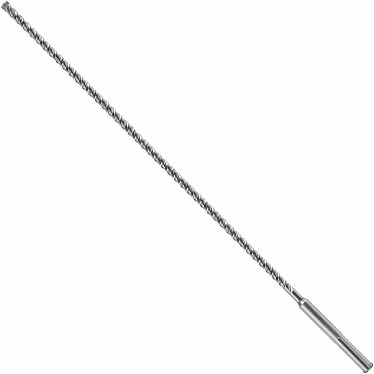 Bosch SDS Max SpeedXtreme rotary hammer drill bit showing an extra long full profile view of its heavy duty silver steel alloy body featuring a slotted SDS-Max drive shank connection base, an elongated thin spiral flute shaft designed for rapid dust removal, and a multi cutter carbide tipped head engineered for deep hole precision boring through reinforced concrete, hard aggregate masonry, brick, and stone substrates isolated diagonally on a white background.