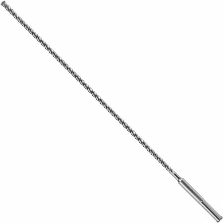 Bosch SDS Max SpeedXtreme rotary hammer drill bit showing an extra long full profile view of its heavy duty silver steel alloy body featuring a slotted SDS-Max drive shank connection base, an elongated thin spiral flute shaft designed for rapid dust removal, and a multi cutter carbide tipped head engineered for deep hole precision boring through reinforced concrete, hard aggregate masonry, brick, and stone substrates isolated diagonally on a white background.