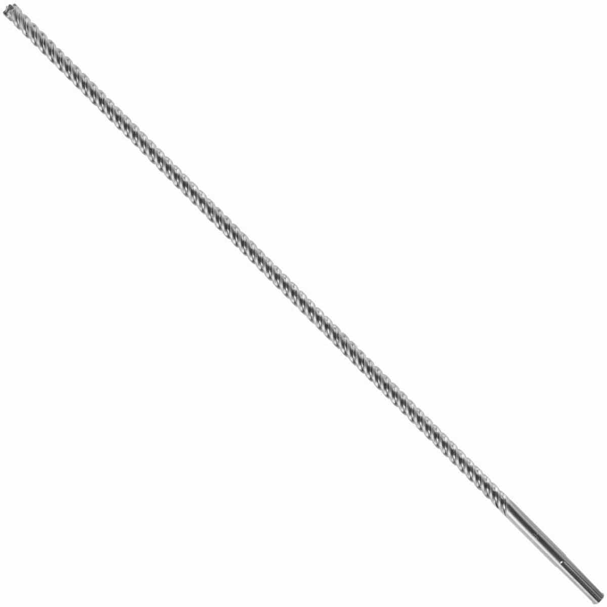An extra-long Bosch SDS Max SpeedXtreme rotary hammer drill bit shown diagonally against a plain white background, detailing its elongated heavy-duty steel core with an optimized multi-flute spiral configuration for continuous masonry dust clearance, a universal quick-change slotted SDS-Max drive shank at the base, and an aggressive solid carbide tipped head engineered for deep-hole precision boring through structural reinforced concrete and hard aggregate.