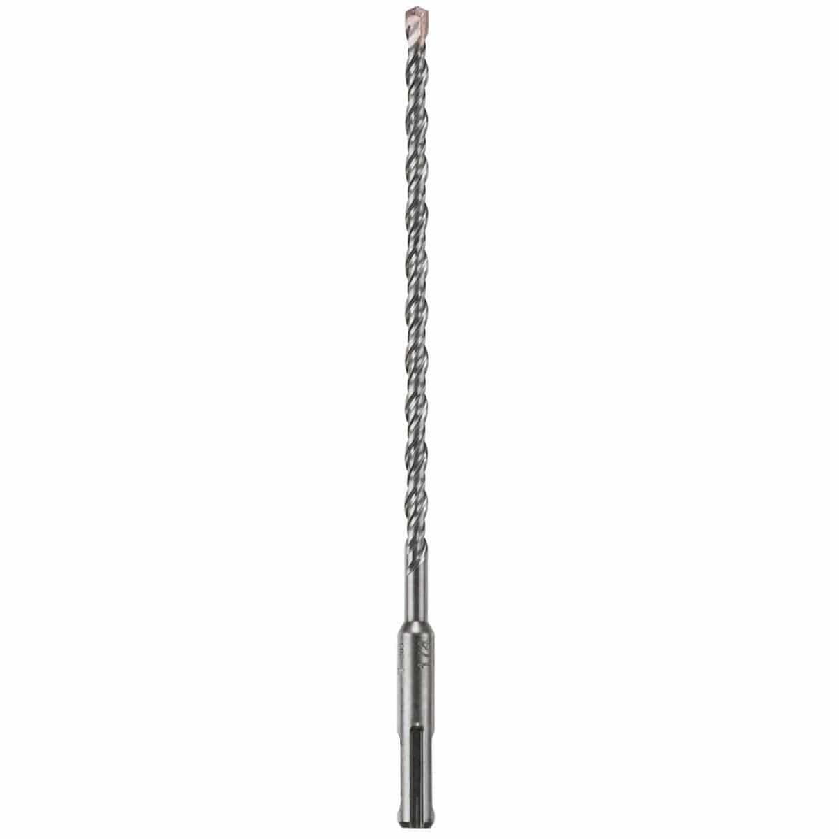 Bosch SDS Plus Bulldog rotary hammer bit showing a full vertical layout of its heavy duty silver steel alloy body featuring a slotted SDS-plus drive shank connection base with etched sizing markings, a tight core spiral flute shaft engineered for maximum dust extraction, and a durable carbide tipped concrete drill head optimized for high speed masonry rock, brick, and precision anchor hole boring isolated on a white background.