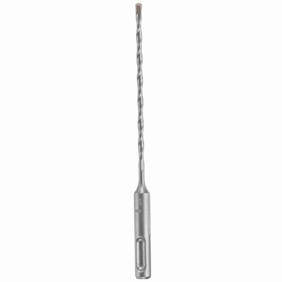 image of sds-plus bulldog rotary hammer bit. 
This is a vertical image of a single Bosch Bulldog SDS Plus hammer drill bit, made of shiny silver metal and set against a plain white background. The bit has a prominent spiral flute design running up its shaft and a distinct SDS-Plus shank at the bottom for secure locking into a hammer drill.
