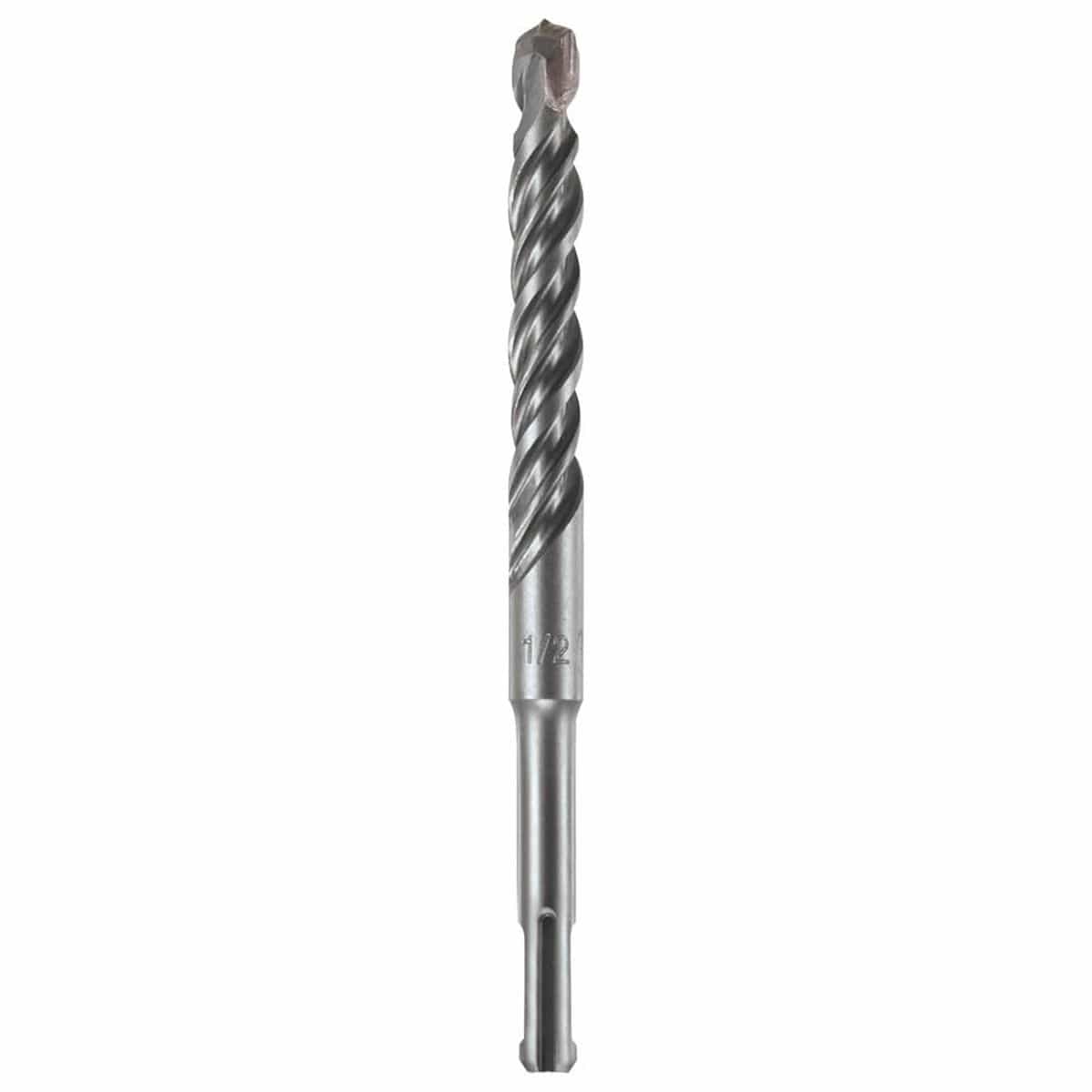 Bosch SDS Plus Bulldog rotary hammer bit showing a full vertical layout of its heavy duty silver steel alloy body featuring a slotted SDS-plus drive shank connection base, a stamped 1/2 inch sizing identification mark on the lower collar, a thick core spiral flute shaft engineered for high-volume dust extraction, and an industrial carbide tipped concrete drill head optimized for high impact masonry rock, brick, and precision anchor hole boring isolated on a white background.