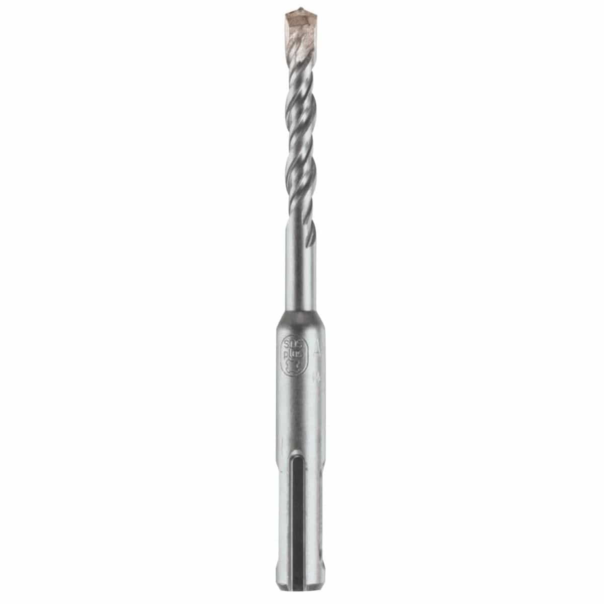 Bosch SDS Plus Bulldog rotary hammer bit showing a full vertical profile layout of its heavy duty silver steel alloy body featuring a slotted SDS-plus drive shank connection base, an integrated thick collar with an etched circular brand logo, a short core spiral flute shaft engineered for rapid dust removal, and a durable carbide tipped concrete drill head optimized for high speed masonry rock, brick, and precision anchor hole boring isolated on a white background.