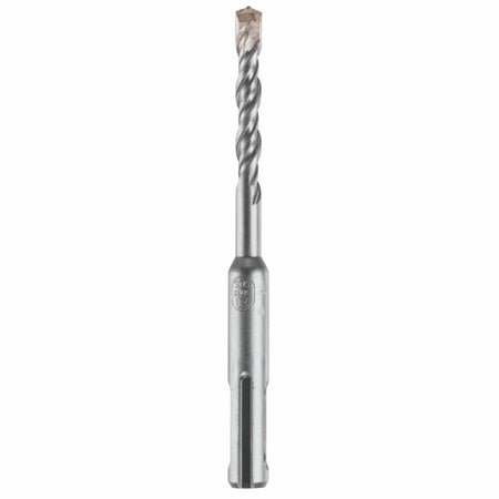 Bosch SDS Plus Bulldog rotary hammer bit showing a full vertical profile layout of its heavy duty silver steel alloy body featuring a slotted SDS-plus drive shank connection base, an integrated thick collar with an etched circular brand logo, a short core spiral flute shaft engineered for rapid dust removal, and a durable carbide tipped concrete drill head optimized for high speed masonry rock, brick, and precision anchor hole boring isolated on a white background.