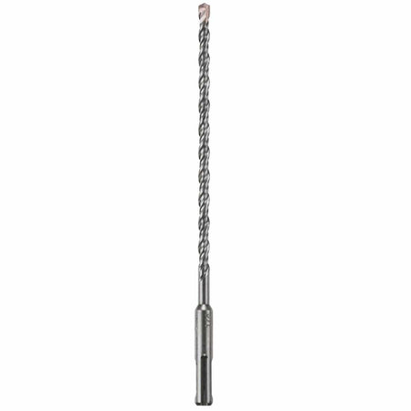 Bosch SDS Plus Bulldog rotary hammer bit showing a full vertical layout of its heavy duty silver steel alloy body featuring a slotted SDS-plus drive shank connection base with etched sizing markings, a tight core spiral flute shaft engineered for maximum dust extraction, and a durable carbide tipped concrete drill head optimized for high speed masonry rock, brick, and precision anchor hole boring isolated on a white background.
