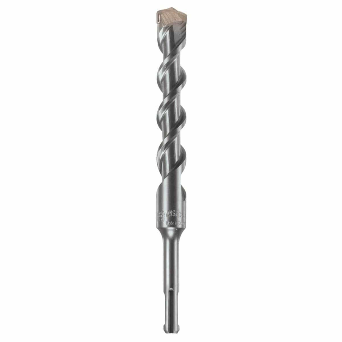 Bosch SDS Plus Bulldog rotary hammer bit showing a full vertical layout of its heavy duty silver steel alloy body featuring a slotted SDS-plus drive shank connection base, an integrated collar with an etched ANSI compliance mark and laser stamp detail, a deep-grooved core spiral flute shaft engineered for rapid dust extraction, and a robust carbide tipped concrete drill head optimized for high impact masonry rock, brick, and precision anchor hole boring isolated on a white background.