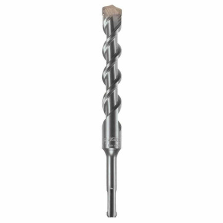 Bosch SDS Plus Bulldog rotary hammer bit showing a full vertical layout of its heavy duty silver steel alloy body featuring a slotted SDS-plus drive shank connection base, an integrated collar with an etched ANSI compliance mark and laser stamp detail, a deep-grooved core spiral flute shaft engineered for rapid dust extraction, and a robust carbide tipped concrete drill head optimized for high impact masonry rock, brick, and precision anchor hole boring isolated on a white background.