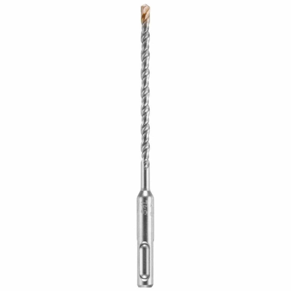 A Bosch SDS Plus Bulldog rotary hammer drill bit shown vertically on a plain white background, highlighting its slotted quick-change SDS-plus machining shank, an optimized deep-grooved four-flute spiral layout engineered for accelerated stone dust extraction, and a heavy-duty four-cutter tungsten carbide tip built for clean aggregate penetration and reinforced concrete rebar boring operations.