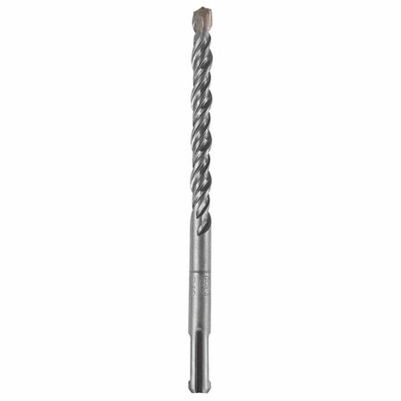 A Bosch SDS Plus Bulldog rotary hammer drill bit shown vertically on a plain white background, highlighting its quick-change slotted SDS-plus machining shank, an optimized deep-grooved four-flute spiral layout engineered for accelerated stone dust extraction, and a heavy-duty four-cutter tungsten carbide tip built for clean aggregate penetration and reinforced concrete rebar boring operations.