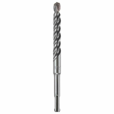 A studio photograph of a single Bosch SDS-Plus Bulldog rotary hammer drill bit with a metallic body, reddish-brown dual-spiral flute, an SDS-Plus slotted shank with 'BOSCH' and a 1/2 size marking, and a prominent 4-cutter tungsten carbide tip, set against a plain white background.