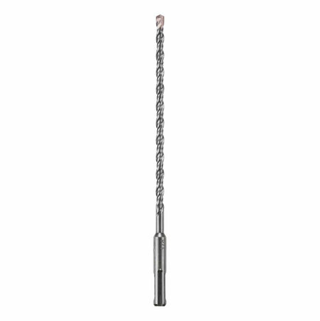 An extended Bosch SDS Plus Bulldog rotary hammer drill bit positioned vertically against a white background, highlighting its extra-long 4-flute deep spiral fluting for continuous debris clearance, a universal quick-change slotted SDS-plus machining shank, and a premium high-durability four-cutter carbide tip designed for heavy duty aggregate masonry anchoring and deep concrete boring.