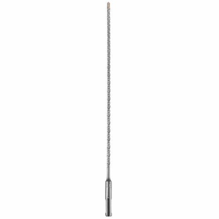 An extra-long Bosch SDS Plus Bulldog rotary hammer drill bit shown vertically on a solid white background, highlighting its highly extended thin-profile four-flute spiral fluting for deep masonry clearance, a quick-change slotted SDS-plus structural machining shank, and a precision four-cutter carbide-tipped nose head engineered for deep structural concrete anchor fastener boring.