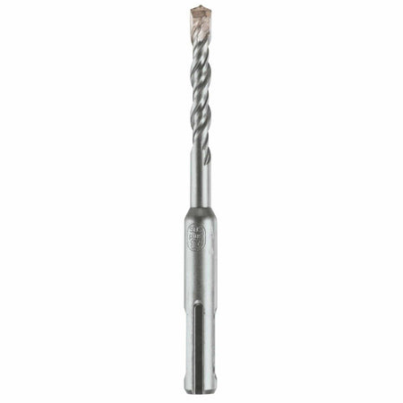 Bosch SDS Plus Bulldog rotary hammer drill bit showcasing a straight vertical profile with its slotted drive shank connection, four flute deep spiral geometry for high velocity dust removal, and a multi cutter tungsten carbide head engineered for heavy duty reinforced concrete rebar masonry penetration and core boring applications isolated on a white background.