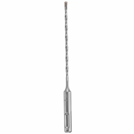 Studio product view of a silver Bosch SDS-Plus Bulldog rotary hammer drill bit shown vertically against a plain white background, highlighting the heavy-duty four-cutter tungsten carbide tip, spiral dust-clearing flutes, and the standard slotted SDS-Plus shank connection base.