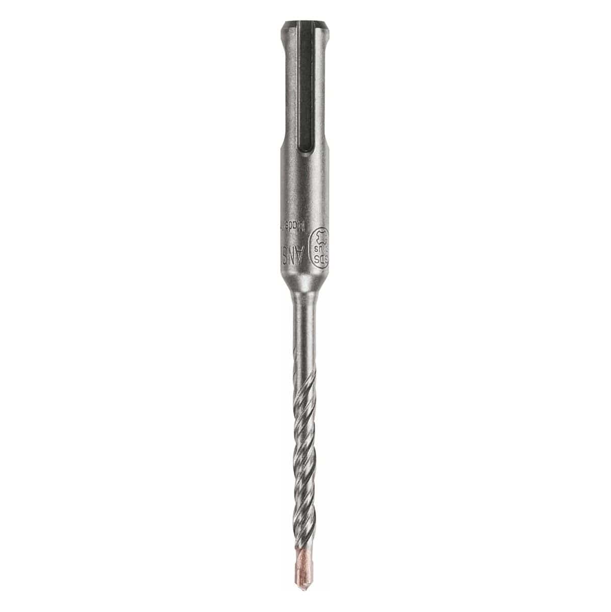 Studio product view of a silver Bosch SDS Plus Bulldog rotary hammer drill bit oriented vertically against a seamless white background, showcasing the slotted SDS Plus shank with ANSI markings at the top, a precision spiral flute body, and a durable four-cutter tungsten carbide tip at the bottom for boring through heavy-duty reinforced concrete, masonry, and rebar.